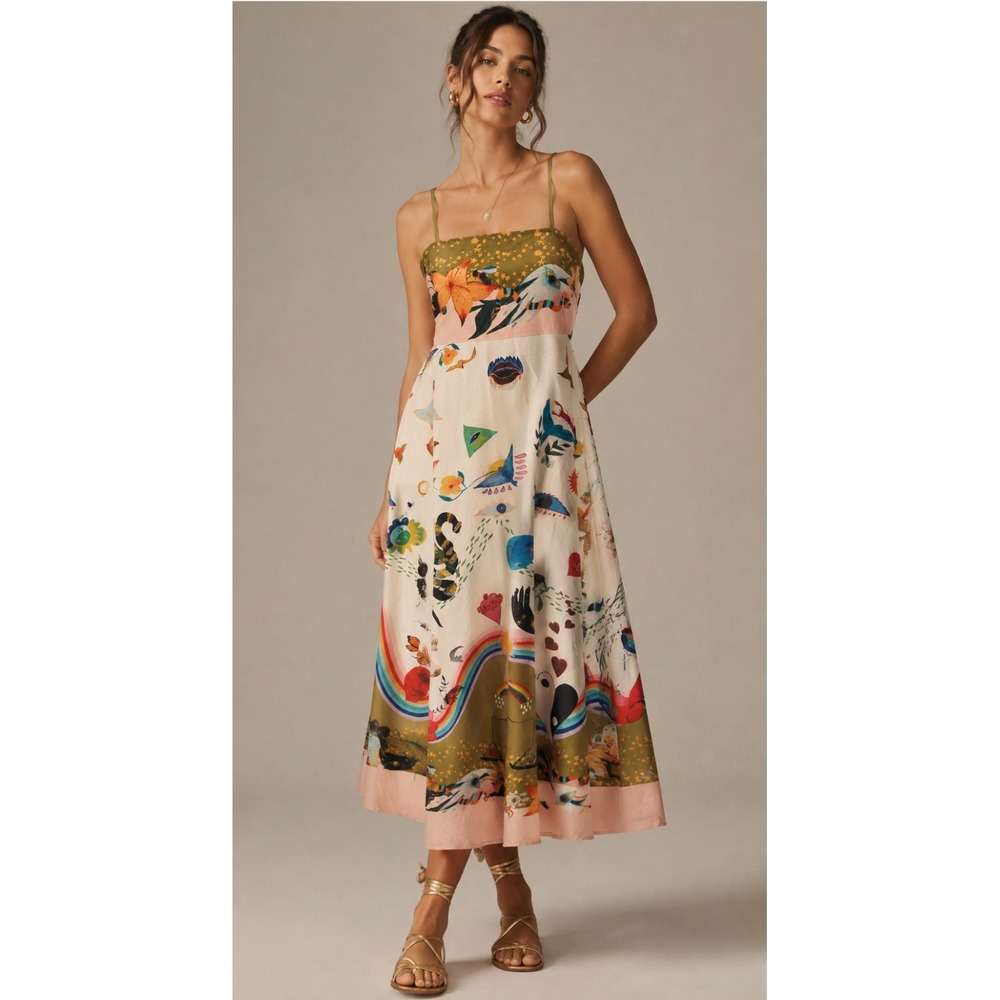 Whimsical Surrealist Graphic Print Maxi Dress M Artsy Avant Garde Smocked Fairy